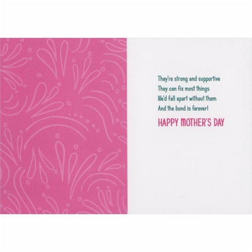 Avanti Moms Are Like Super Glue: Embossed Words on Blue Funny Mother's Day Card Perspective: back