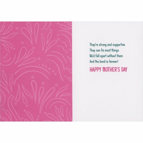 Avanti Moms Are Like Super Glue: Embossed Words on Blue Funny Mother's Day Card Perspective: back