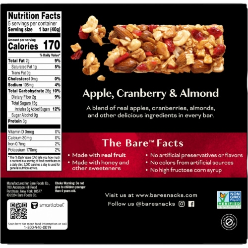 Bare® Apple Cranberry & Almond Fruit and Nut Bars Perspective: back