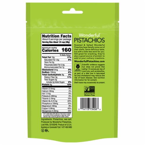 Wonderful Pistachios, No Shells Roasted & Salted Pistachios, 6 Ounce Bag Perspective: back