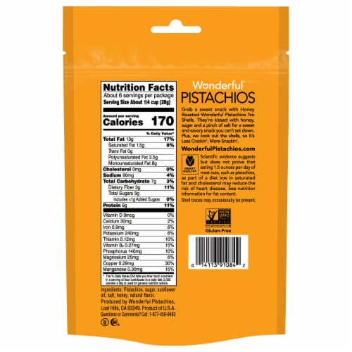 Wonderful Pistachios, No Shells Honey Roasted Pistachios, 5.5 Ounce Resealable Pouch Perspective: back