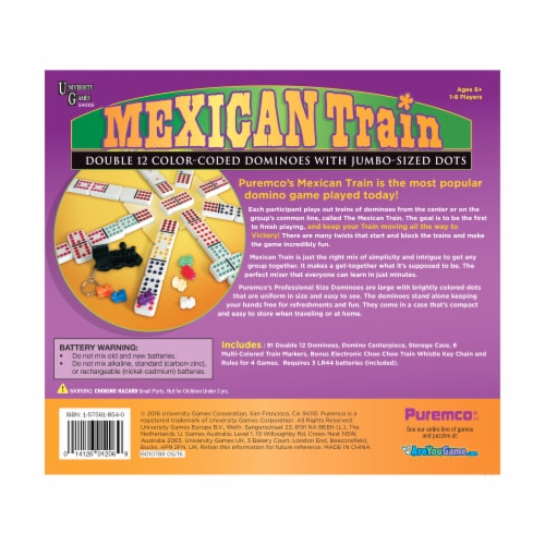 University Games Mexican Train Professional Size Double 12 Color Dot Dominoes Perspective: back