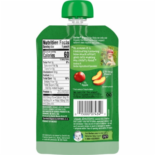 Gerber Organic 2nd Foods Fruit Apples & Summer Peaches Baby Food 3.5 oz. Pouch Perspective: back