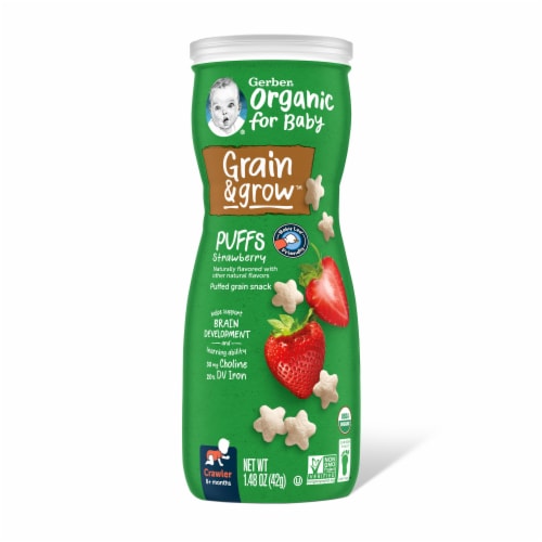 Gerber Baby Snacks Organic Puffs Strawberry Baby Food Perspective: back