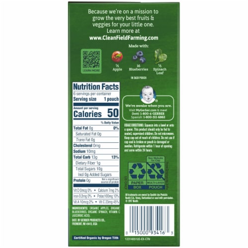 Gerber Organic 2nd Foods Apple Blueberry & Spinach Baby Food Pouches 6 Count Perspective: back