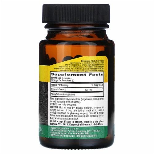 Country Life Coconut Activated Charcoal 260 mg - 40 Vegan Capsules Perspective: back