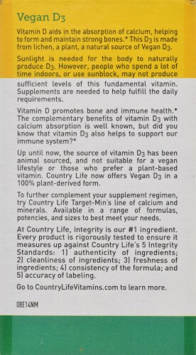 Country Life Vegan D3 Softgels 5000 IU 60 Count Perspective: back