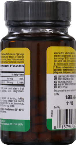 Country Life Sublingual Vitamin B12 with Folic Acid Lozenges 100 Count Perspective: back