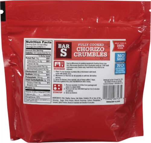 Bar-S Fully Cooked Chorizo Sausage Crumbles Perspective: back