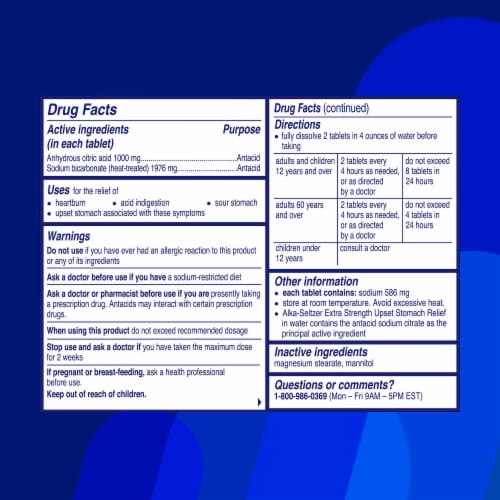 Alka-Seltzer® Extra Strength Antacid Effervescent Tablets Perspective: back