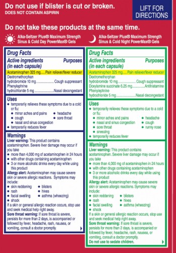 Alka-Seltzer Plus Day/Night Sinus Congestion & Pain Maximum Strength PowerMax Liquid Gels Perspective: back