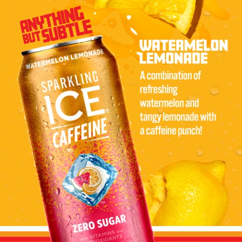 Sparkling Ice +Caffeine Zero Sugar Watermelon Lemonade Sparkling Water Perspective: back