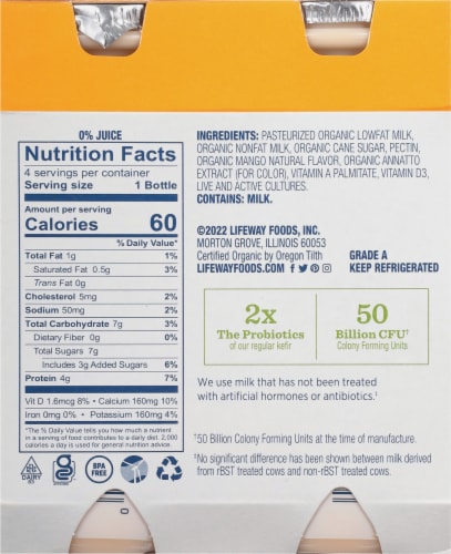 Lifeway Mango Organic Probiotic Low Fat Kefir Drinks Perspective: back