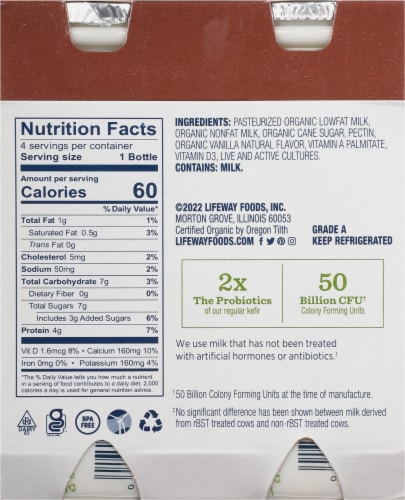 Lifeway Vanilla Organic Probiotic Low Fat Kefir Drinks Perspective: back