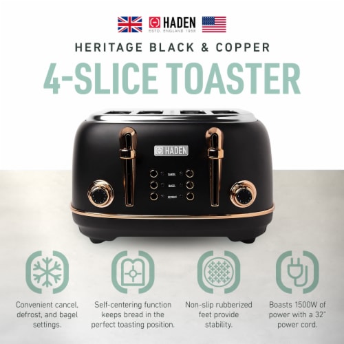 Haden Heritage 4 Slice Wide Slot Stainless Steel Toaster, Black & Copper Perspective: back