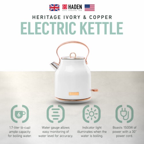 Haden Heritage 1.7 Liter Stainless Steel Body Retro Electric Tea Kettle,  White