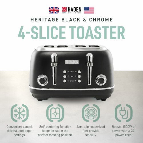 Haden Heritage 4 Slice Wide Slot Toaster with Removable Crumb Tray,  Black/Chrome, 1 Piece - Fred Meyer