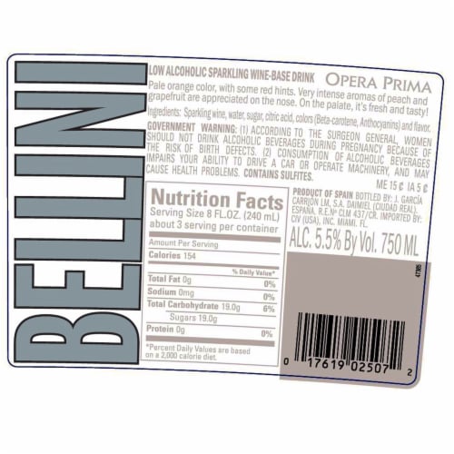 Opera Prima Bellini Sparkling Ready-to-Drink Cocktail Perspective: back