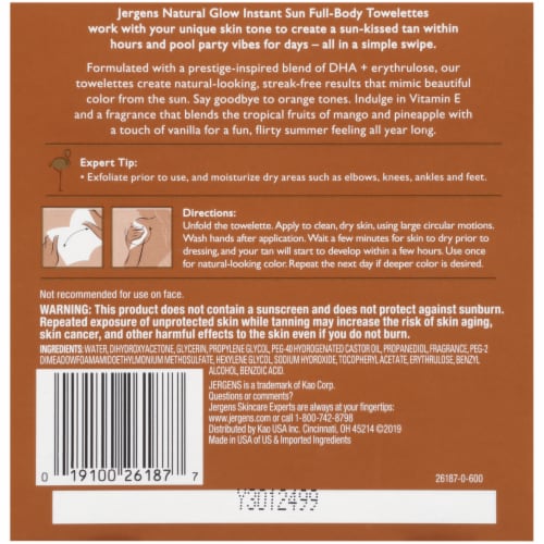 Jergens Natural Glow Instant Sun Medium Bronze Suness Tanning Towelettes Perspective: back