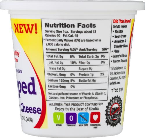 Tofutti Dairy Free Non-Hydrogenated Whipped Cream Cheese Perspective: back