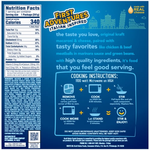 Kraft First Adventures Italian Inspired Mac and Cheese Frozen Meal with Meatball and Green Beans Perspective: back