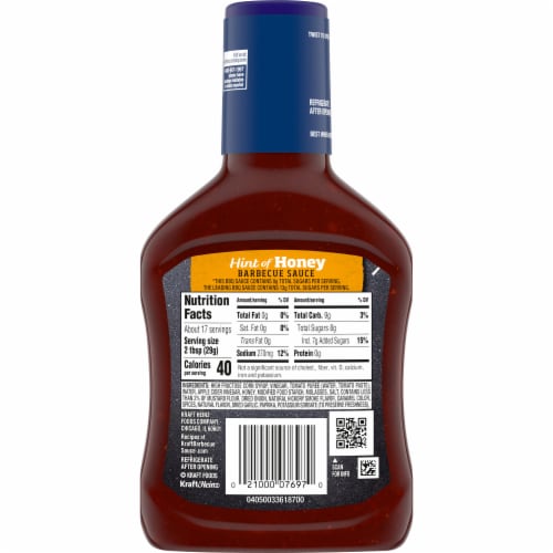 Kraft Hint of Honey BBQ Barbeque Sauce with 25% Less Sugar Perspective: back