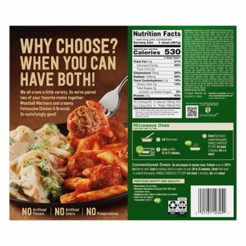 Marie Callender's Duos Meatball Marinara & Fettuccini With Chicken & Broccoli Frozen Meal Perspective: back