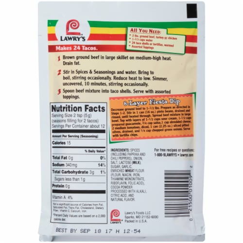Lawry's® Family Size Taco Seasoning Mix Perspective: back