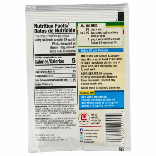Lawry's Tenderizing Beef Marinade Spices & Seasonings Mix Perspective: back