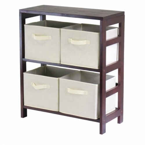 Winsome 92861 Capri 2 Section M Storage Shelf with 4 Foldable Fabric Baskets - Walnut and Bei Perspective: back