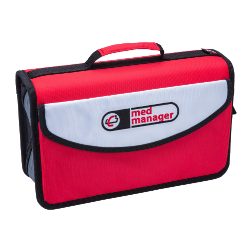 Med Manager Mini Medicine Organizer and Pill Case, Holds (10) Pill Bottles, Red Perspective: back