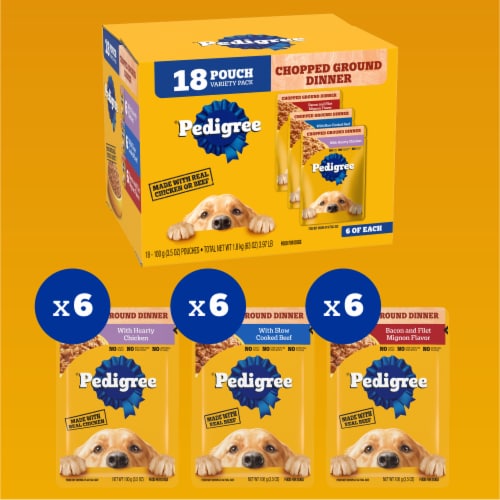 Pedigree Chopped Ground Dinner Adult Soft Wet Dog Food Beef Chicken Bacon Filet Mignon Pouch Pack Perspective: back