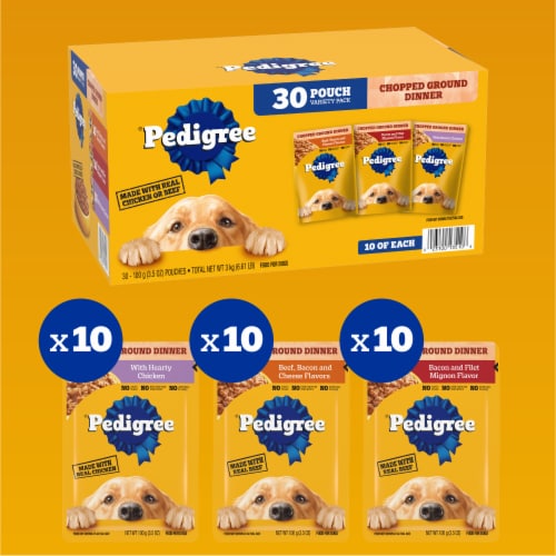 Pedigree Chopped Ground Dinner Soft Wet Dog Food Pouches Beef Bacon Cheese Filet Mignon & Chicken Perspective: back