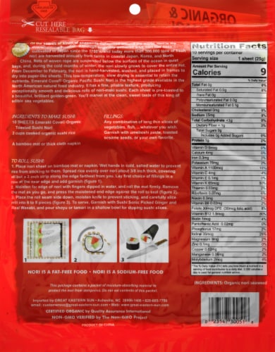 Emerald Cove Organic Pacific Sushi Nori Sheets Perspective: back