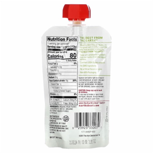 Earth's Best Organic® Stage 2 Butternut Squash Pear Baby Food Pouch Perspective: back