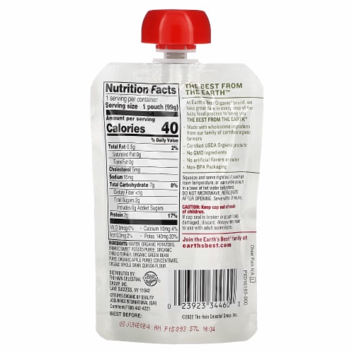 Earth's Best Organic® Turkey Quinoa Apple Sweet Potato Homestyle Meal Stage 3 Baby Food Pouch Perspective: back