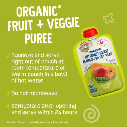 Earth's Best Organic Baby Food Pouches, 6+ Months, Butternut Squash, Sweet Peas & Mango Puree Perspective: back