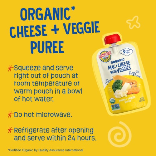 Earth's Best Organic Baby Food Pouches, 9+ Months, Pasta & Veggie Puree, Mac & Cheese with Veggies Perspective: back