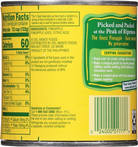 Del Monte® Pineapple Tidbits in 100% Juice Perspective: back