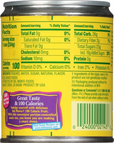 Del Monte 100 Calorie Sliced Peaches in Extra Light Syrup Perspective: back
