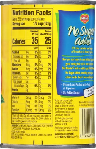 Del Monte® No Sugar Added Yellow Cling Sliced Peaches Canned Fruit Perspective: back