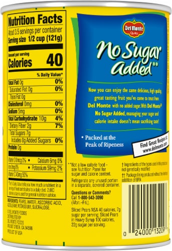 Del Monte® No Sugar Added Sliced Pears in Water Perspective: back