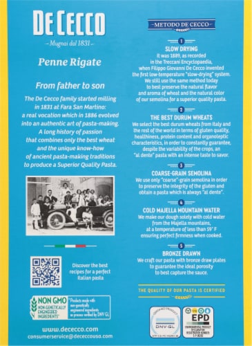 De Cecco Penne Rigate Pasta Perspective: back
