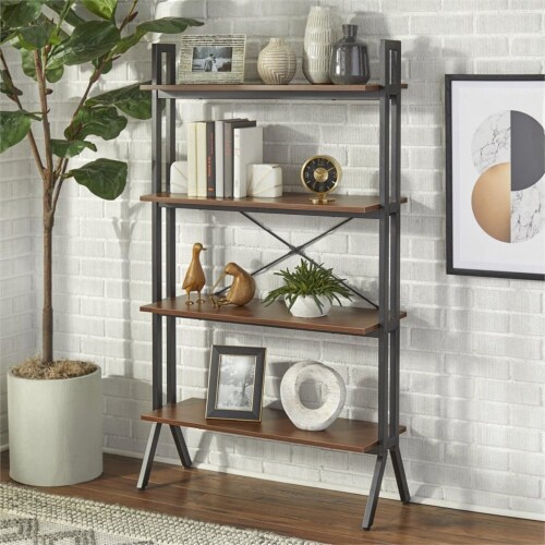 TMS Connection 4-Tier Contemporary Metal Bookshelf in Walnut/Black Perspective: back