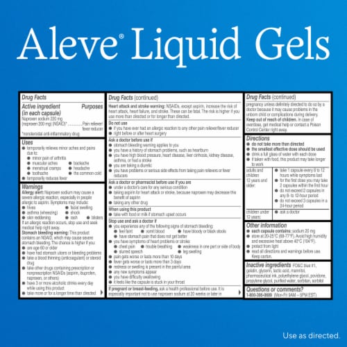 Aleve Pain Reliever & Fever Reducer Naproxen Sodium Liquid Gels Perspective: back