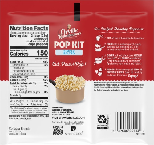 Orville Redenbacher's Simply Salted Pop Kit with Popcorn Kernels Sunflower Oil & Salt Perspective: back