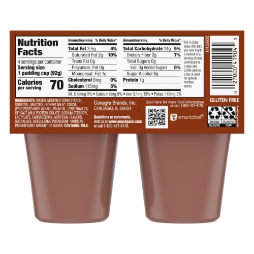 Snack Pack Sugar Free Chocolate Flavored Pudding Cups Perspective: back