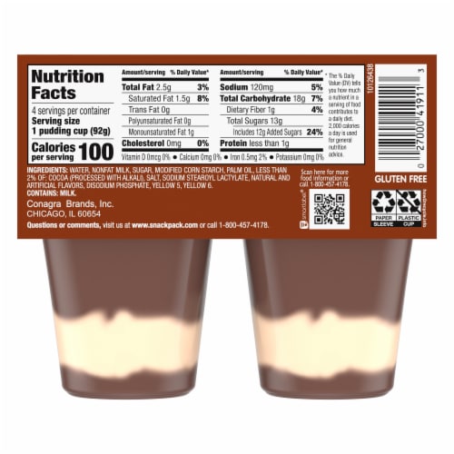 Snack Pack Chocolate Vanilla Flavored Pudding Cups Perspective: back