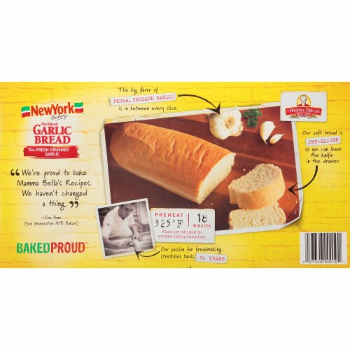 New York Bakery Mamma Bella's Recipe Pre-Sliced Garlic Bread Perspective: back