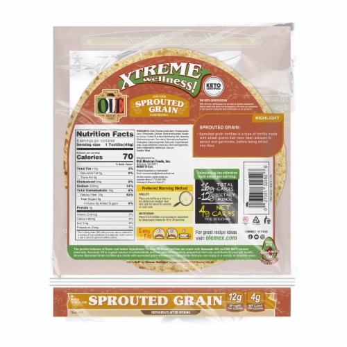 Olé Xtreme Wellness High Fiber Sprouted Grain Keto Certified Tortillas Perspective: back